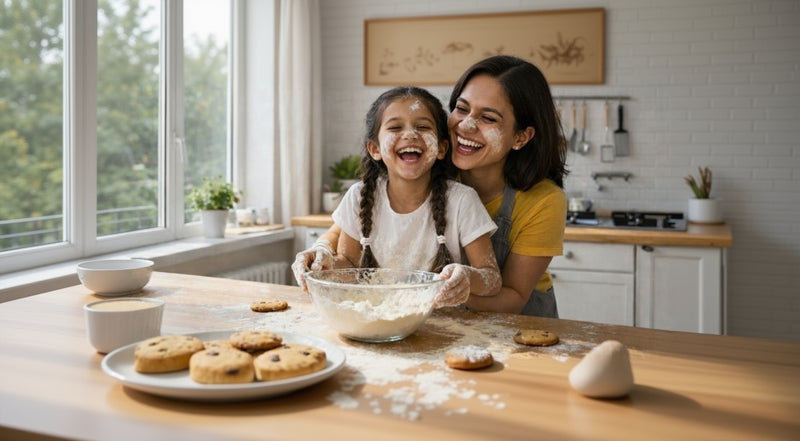 Woman and child baking together in a kitchen
