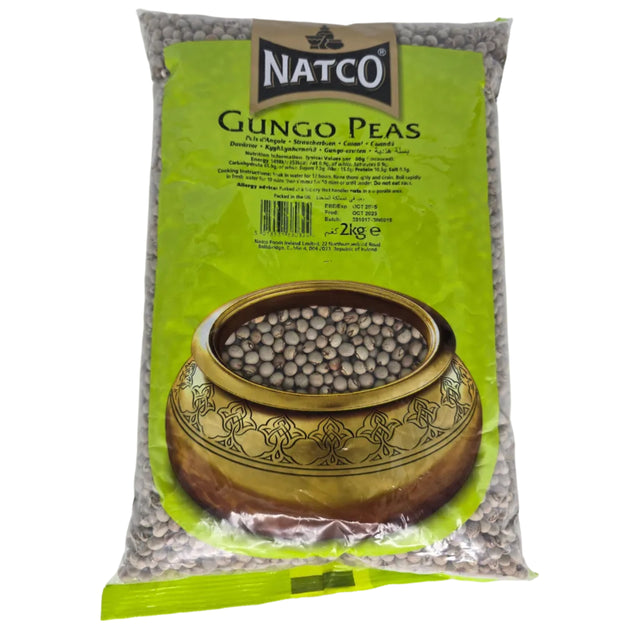 A package of Natco Gungo Peas weighing 2kg, featuring a green label with an image of the peas in a bronze-colored pot, and the brand's logo.