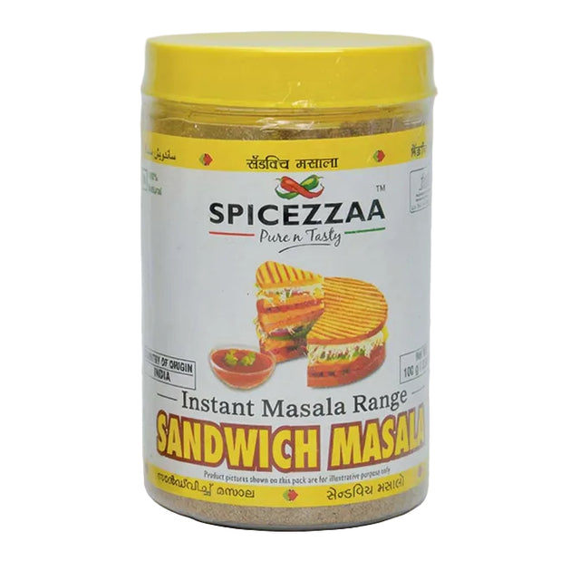 A jar of Spicezzaa Sandwich Masala, which is an instant masala range product designed for making sandwiches.